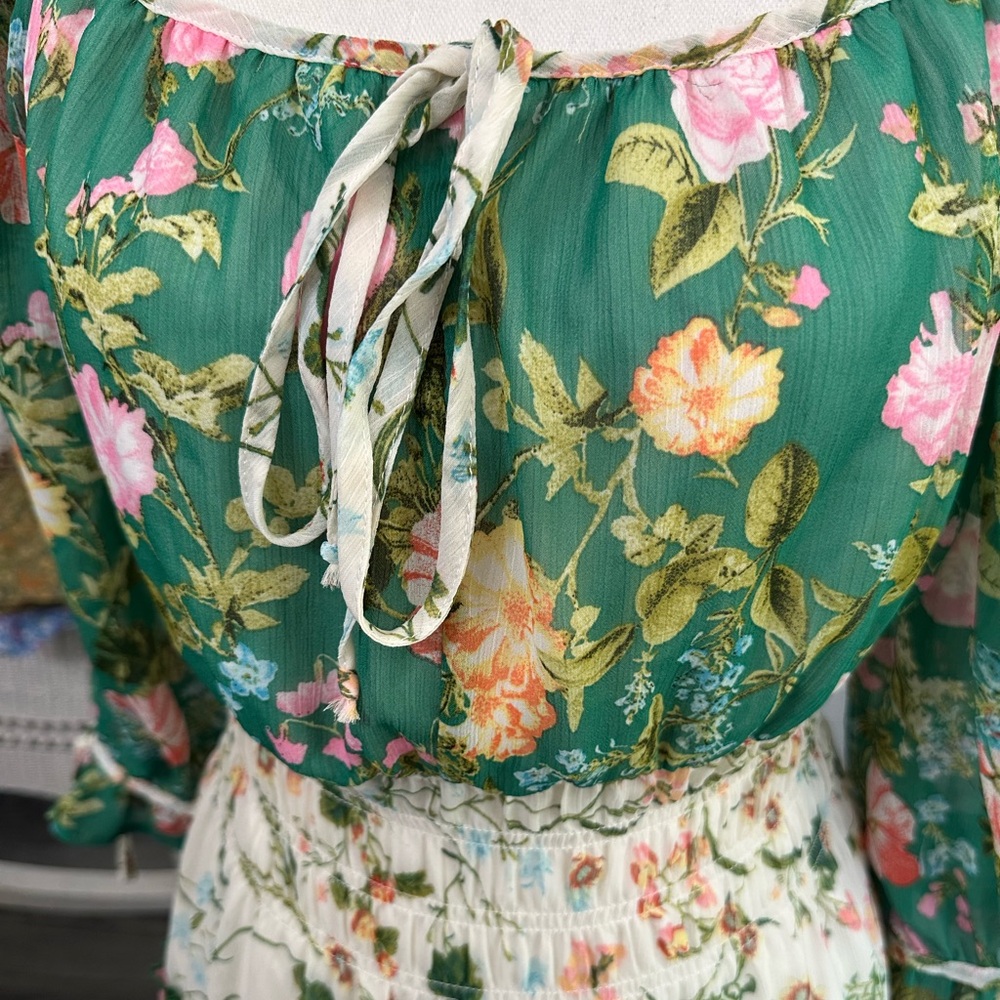 🌿 Anthropologie Fig and Flower Boho Tiered Green Floral Print Dress Size Medium - Picture 7 of 10